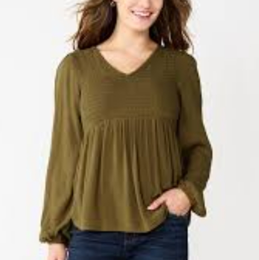Sonoma Goods For Life Tunic‎ Top Womens XL  V-Neck LS Babydoll Peasant Smocked